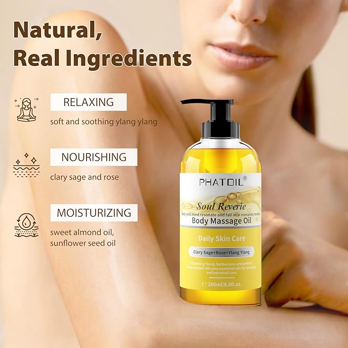 PHATOIL 260ML YlangYlang Body Massage Oil for with Clary Sage and Rose Oil, Large Bottle Body & Facial Oil for Nourishing Skin, Muscle, Scented Body Oil for After Shower(8.8FL.OZ)
