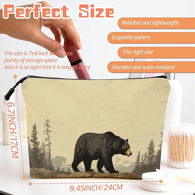 Cosmetic Bags Travel Makeup Toilet Case Waterproof Pouch for Women Girls 6.7X9.45inches - Black Bear Walking in A Mountainous Forest Landscape