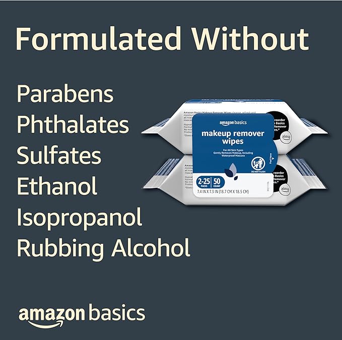 Amazon Basics Makeup Remover Wipes, Gentle Cleansing, Dermatologist Tested, Original, Plant Based, Alcohol-Free, Removes Waterproof Mascara, 25 Count Per Pack, Pack of 2