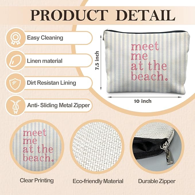Coastal Beach Makeup Bag, Meet Me at the Beach Cosmetic Bags for Women, Gifts for Ocean Lovers, Preppy Cute Blue Striped Beachy Nautical Zipper Makeup Pouch