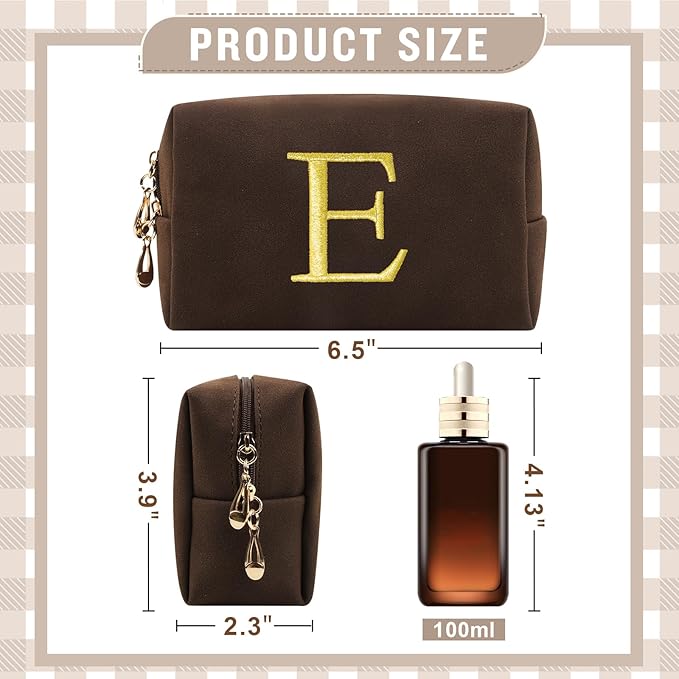 Personalized Initial Makeup Bag,Preppy Suede Cosmetic Bag for Teen Girls,Small Monogram Travel Toiletry Bag With Gold Embroidered Letter,Trendy Stuff Custom Christmas Gift for Women(Coffee-E)