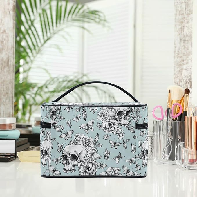 Skull Makeup Bag, Vintage Goth Skull Butterfly Makeup Organizer Bags Toiletry Bag Box Travel Cosmetic Bag Make Up Train Case for Women Teen Girl Ladies