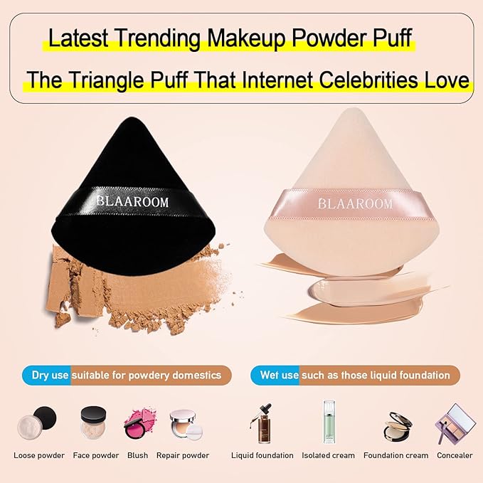 BLAAROOM 12 Pieces Velour Pure Cotton Powder Puff Face Makeup Triangle Powder Puffs for Loose Powder Wet Dry Cosmetic Foundation Beauty Sponge Makeup Tools -Black & Nude