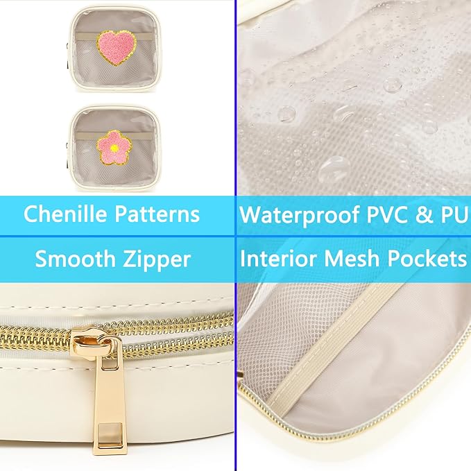 Clear Makeup Bag with 2 Cute Chenille patterns - Waterproof PU Leather Cosmetic Case, Mini Personalized Toiletry Pouch for Women & Teens, ideal for Travel & Gift