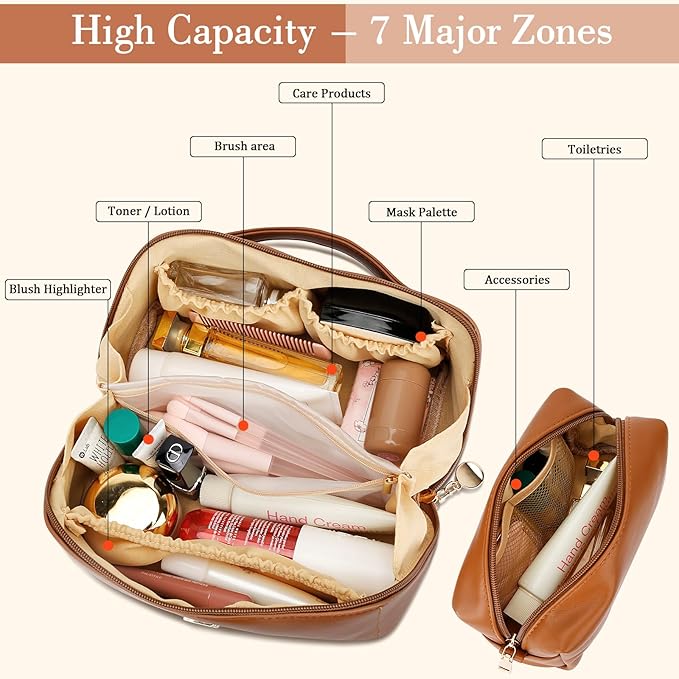 Birthday Gifts for Women Teen Girl, Personalized Initial Makeup Organizer Bag Set, Open Flat Travel Cosmetic Bag With Clear Divider and Handle(Brown,V)