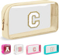 Small Clear Personalized Initial Makeup Bag,Nylon Preppy A-Z Chenille Letter Patch Cosmetic Pouch Beach Toiletry Bag,Waterproof Zipper Travel Purse Storage Bag Organizer for Women Girls(Beige-White C)