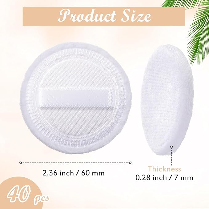 40 Pcs Cotton Powder Puffs Bulk Washable, 2.36 Inch Round Makeup Dusting Powder Puff with Ribbon for Face Body Cosmetic, White