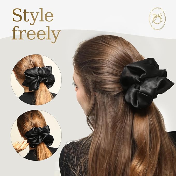 100% Mulberry Silk Scrunchies for Women Ponytail Holders – Plus Rhinestone-Embellished Design for Curly, No Damage Hair Ties for Curly, Thick, and Thin - Hair Accessories for Women (Black)