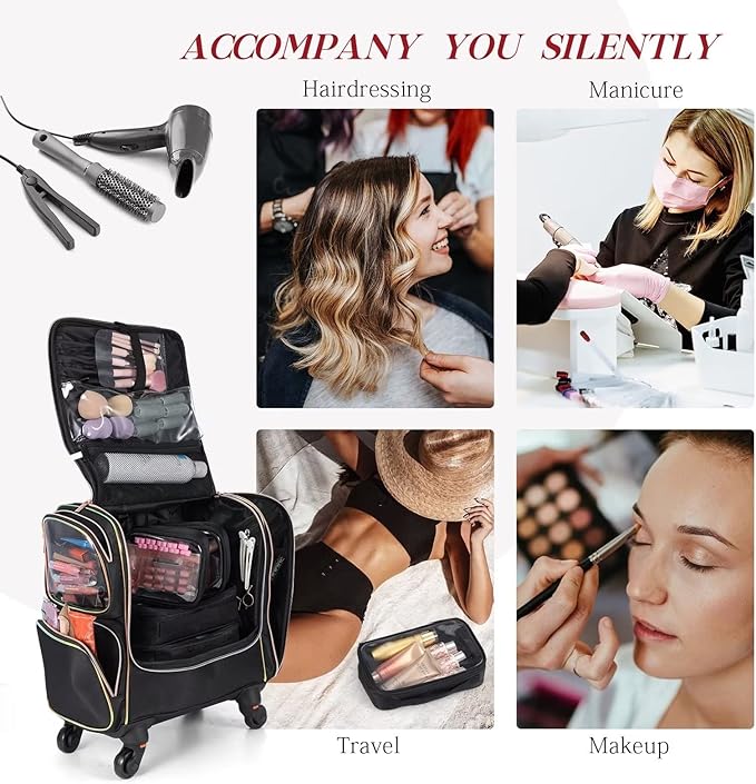 Stagiant Rolling Makeup Train Case, Professional Makeup Case, Travel Cosmetic Organizer Make Up Storage Bag for Makeup Artist, Hairstylist, Barbers, with 5 Toiletry Bags, Black