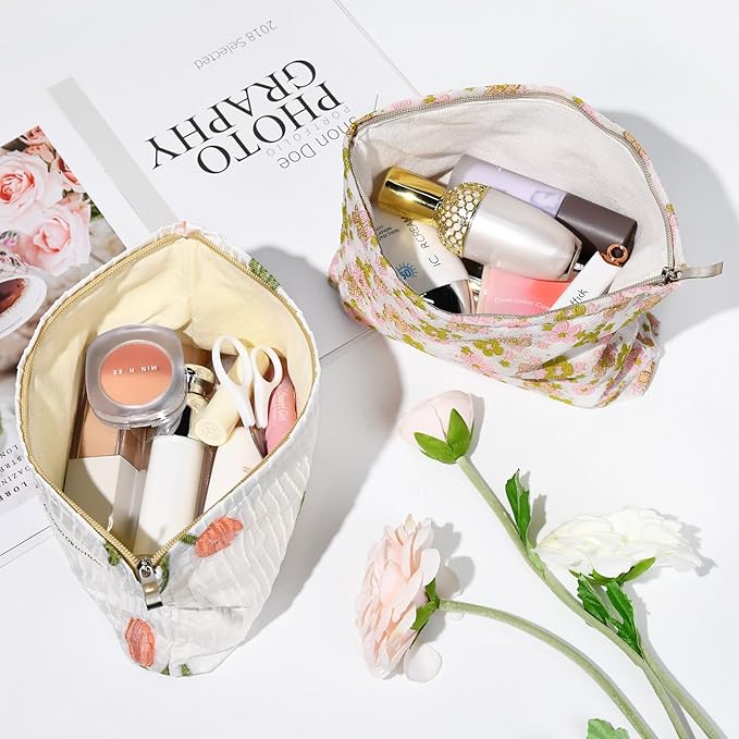 SOIDRAM 2 Pieces Flower Makeup Bag Large Floral Cosmetic Bag Capacity Canvas Travel Toiletry Bag Organizer Cute Makeup Brushes Aesthetic Accessories Storage Bag for Women, Embossed flower L White Pink