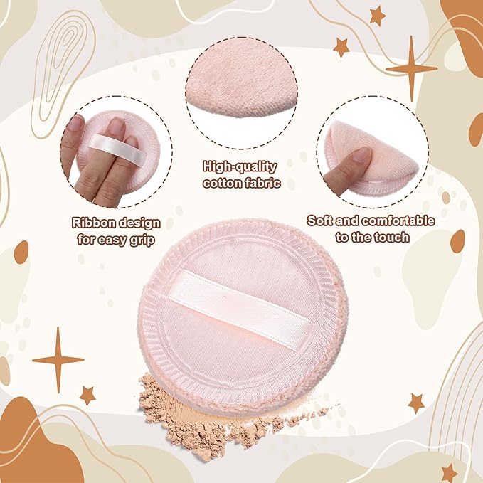Xindojuz 12 PCS Makeup Powder Puff, 2.36 Inch Washable Cotton Soft Makeup Remover Pads for Face, Mini Round Cushion Foundation Puffs with Ribbon for Loose Setting Pressed Powder (Beige)