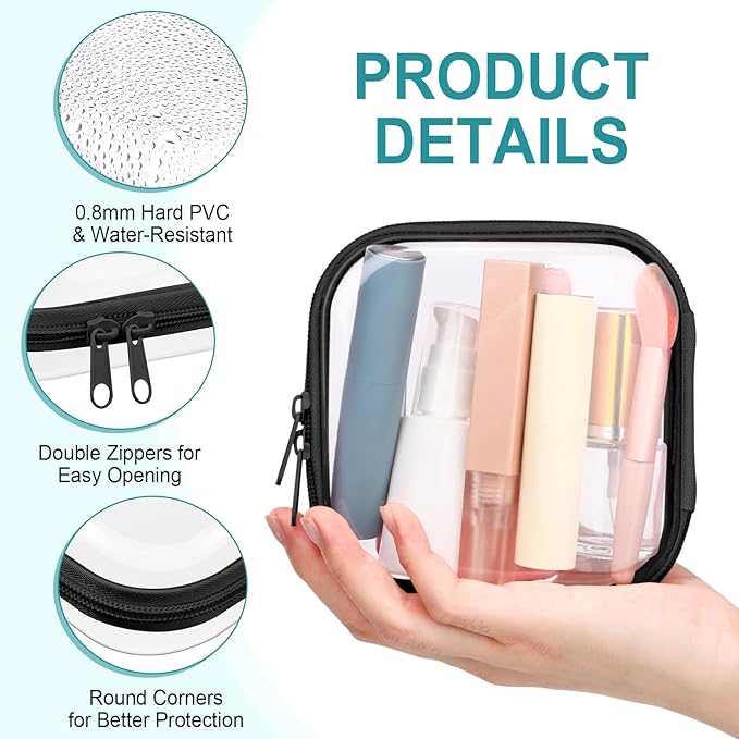 Sanwuta 6 Pcs Clear Hard Zipper Case Hard Plastic Zipper Pouches Makeup Bag Pencil Pouches Transparent Cases for Snacks Plastic Storage Organizer Box for Travel(Black,5 x 5 x 2 Inch)