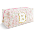 Personalized Quilted Cosmetic Bag, Puffy Monogrammed Christmas Birthday Gifts for Women & Girls, Cute initial Floral Makeup Bag Puffer Coquette Bag, Aesthetic Travel Toiletry Zipper Pouch(Pink,B)