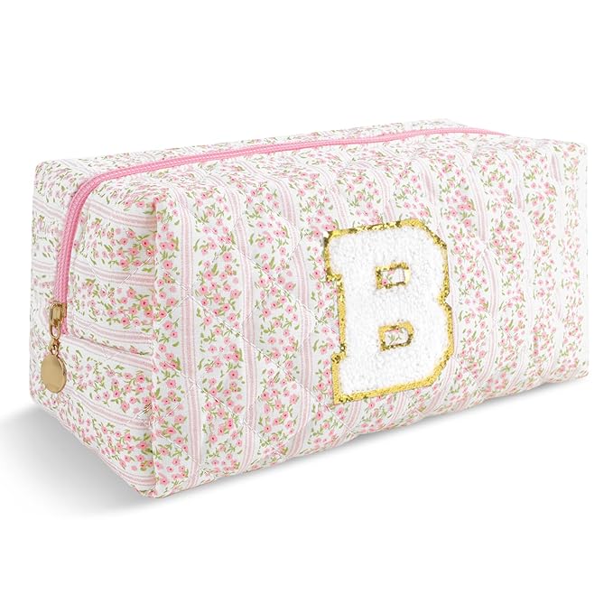 Personalized Quilted Cosmetic Bag, Puffy Monogrammed Christmas Birthday Gifts for Women & Girls, Cute initial Floral Makeup Bag Puffer Coquette Bag, Aesthetic Travel Toiletry Zipper Pouch(Pink,B)