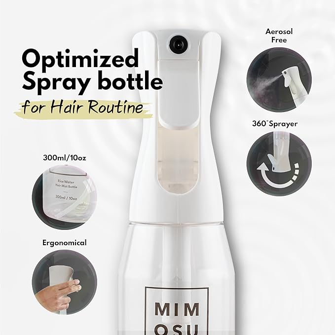 mimosu Continuous Mist Spray Bottle, 10oz – Refillable Sprayer for Hair Styling, Salon, Rice Water DIY, Curly Care Product