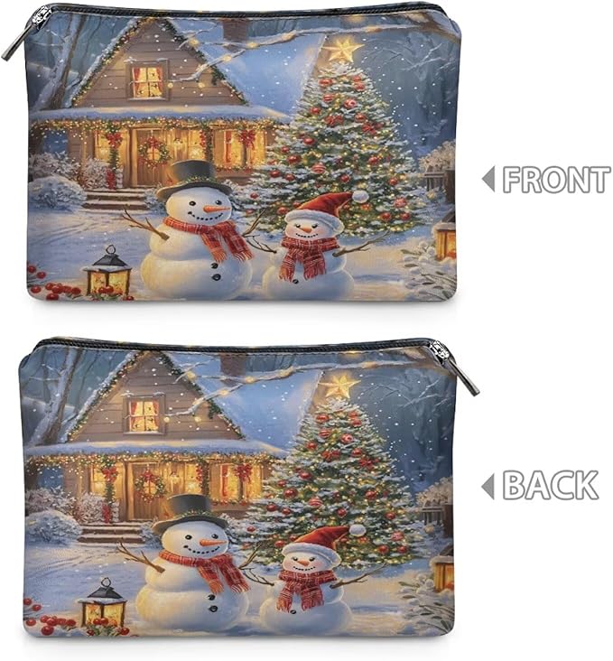 COEQINE Small Make Up Bags for Purses Cute Snowman Christmas Treee Cute Cosmetic Bag for Women Leather Aesthetic Toiletry Bag Waterproof Travel Make Up Organizer Bag