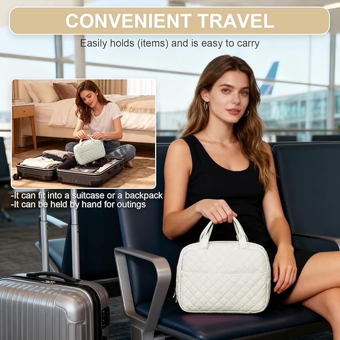 Travel Toiletry Bag For Women Small Hanging Toiletry Travel Makeup Bag lightweight Water-Resistant Toiletries Organizer case portable Cosmetic Bags For Women Beige