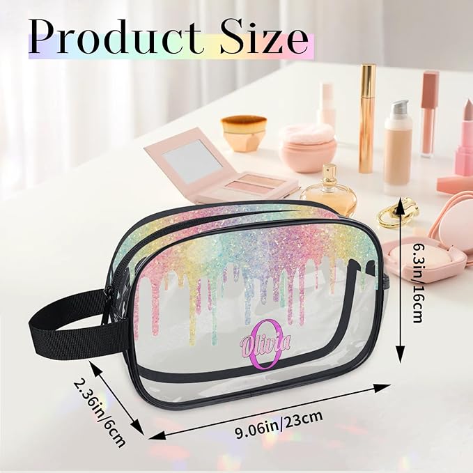 Personalized Name Makeup Bag, Custom Women Transparent PVC Cosmetic Travel Toiletry Bag Pouch Organizer for Vacation Weekend Colorful Rainbow Sequins Water Fluid Shape
