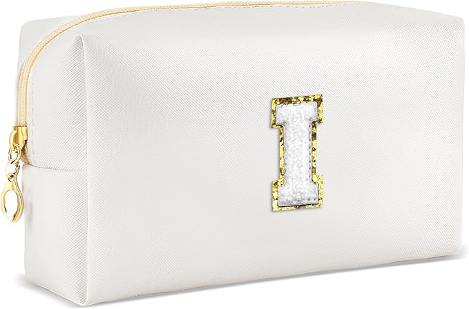 Gifts for Girls Initial Makeup Bag Personalized Cosmetic Bag with Zipper Cute Travel Toiletry Bags Waterproof PU Preppy Makeup Pouch Birthday Gift for Teen Girls Women(White I)