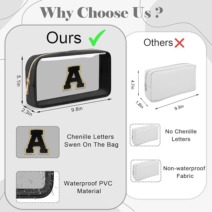 Personalized Initial Letter Clear Makeup Bag,Preppy Small Nylon&PVC Cosmetic Zipper Bag with Chenille Letter,Travel Skincare Toiletry Bag,Monogram Christmas Gift for Teen Girls Women,H