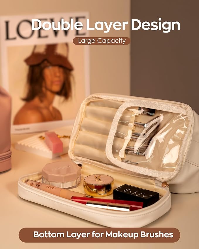 Makeup Bags for Teens Girls, Initial Double Layer Cosmetic Bag with Makeup Brush Organizer, Large Capacity PU Leather Travel Toiletry Bag, Gifts for Friends Female Mom