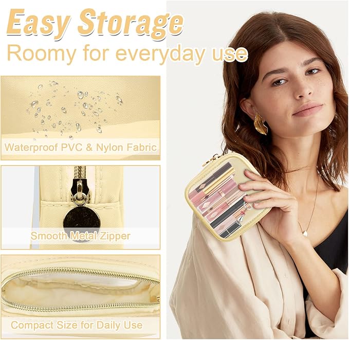 Mini Clear Travel Makeup Organizer Bag for Purse, Small Cute Makeup Bag Preppy Cosmetic Zipper Pouch Purse, Transparent PVC & Nylon Waterproof Coin Pouch Sanitary Napkin Storage Bag for Women(Beige)