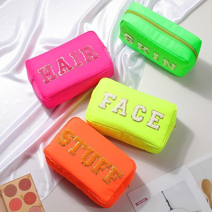 Remerry 4 PCS Nylon Cosmetic Bags Waterproof Spacious Travel Makeup Organizer for Women Chenille Letter Preppy Zipper Pouch Face Stuff Skin Hair Organizer Gift(Fluorescent Colors)