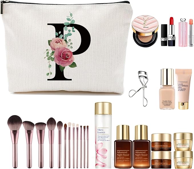 Initial A-Z Personalized Letter Makeup Bag, Monogrammed Bridesmaid Gifts/Presents Cosmetic Bag, Portable Stationery Storage Organizer Pouch, Friendship Love Travel Makeup Bags