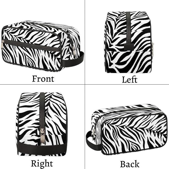 Abstract Black White Zebra Skin Travel Toiletry Bag for Women Men Lightweight Cosmetic Makeup Bag Organizer Waterproof Shaving Bag Dopp Kit with Large Capacity for Toiletries and Shaving Accessories