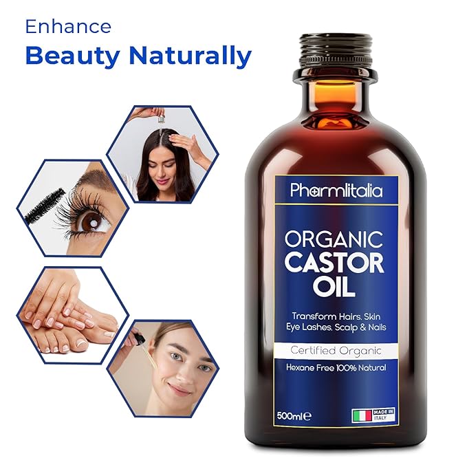 Caster Oil Organic Cold Pressed Unrefined Glass Bottle - Organic Golden Castor Oil for Face, Scalp, Eyelashes, Skin Care and Nails - Aceite De Castor Organico Puro - 500ml