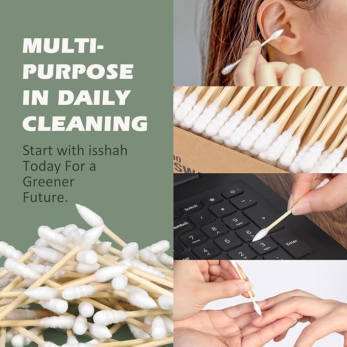 Bamboo Cotton Swabs - 1000 Count - Pointed & Spiral Heads- 100% Biodegradable Cotton Buds | Natural & Sustainable Makeup Remover | Organic Cotton Heads | FSC Certified and PETA Approved.