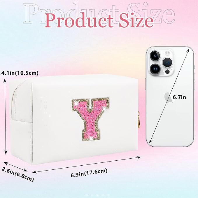 Small Personalized Glitter Initial Letter Makeup Bag, Cute PU Leather Chenille Letters Cosmetic Bag Travel Makeup Pouch, Preppy Travel Organizer Zipper Pouch for Women&Girls（WhiteRosePink-Y）