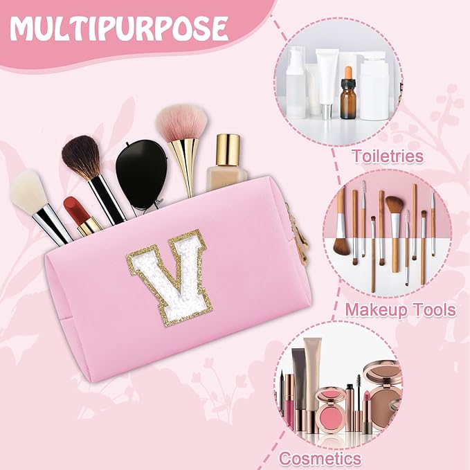 Personalized Initial Preppy Patch Makeup Bag, Travel Toiletry Zipper Pouch Cute Pink Cosmetic Organizer Small Makeup Bag for Purse, PU Leather Make Up Storage Valentines Day Gift for Women(Letter V)
