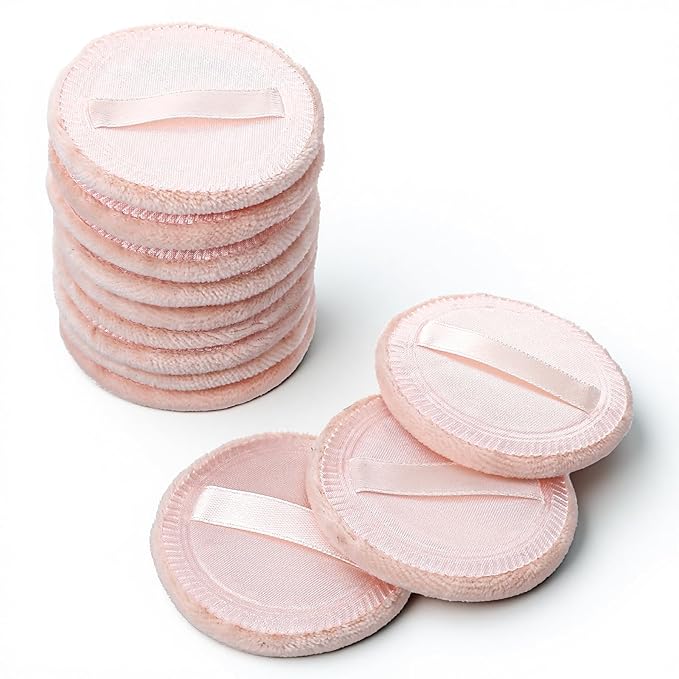Xindojuz 12 PCS Makeup Powder Puff, 2.36 Inch Washable Cotton Soft Makeup Remover Pads for Face, Mini Round Cushion Foundation Puffs with Ribbon for Loose Setting Pressed Powder (Beige)