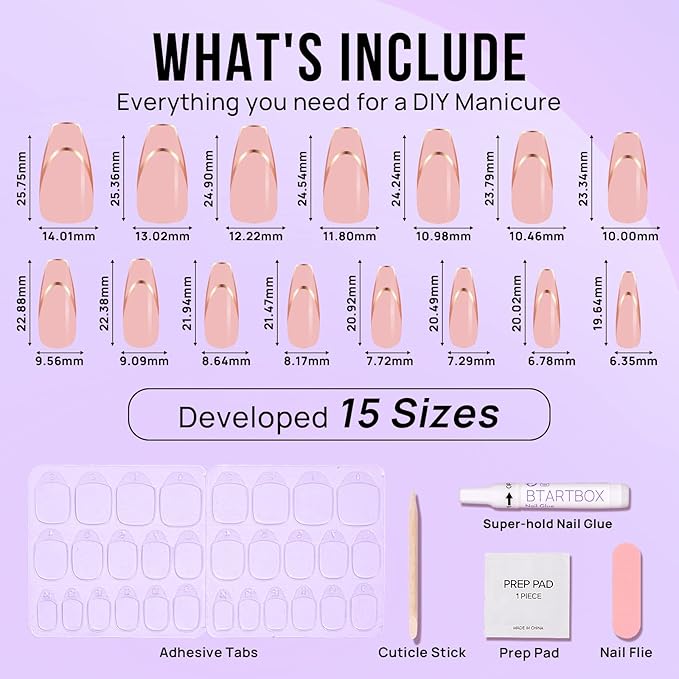 BTArtbox Press on Nails Long - Rose Gold Outline Designed French Tip Press on Nails, Coffin Glue On Nails, Reusable Soft Gel Stick On Nails with Nail Glue in 15 Sizes, Gilded French