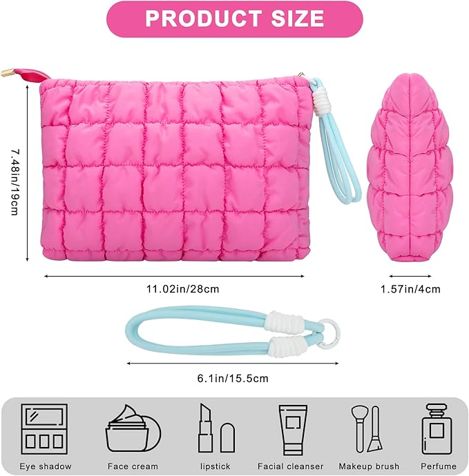 DOB SECHS Puffer Quilted Makeup Bag with Handle, Cute Puffy Cotton Cosmetic Bags for Women, Checkered Toiletry Zipper Pouch, Travel Essentials Storage Organizer Clutch Pouches Pencil Case, Hot Pink