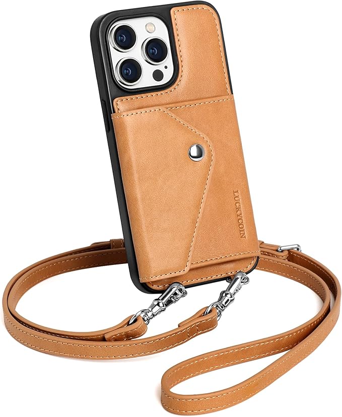 LUCKYCOIN Crossbody Wallet Phone Case for iPhone 15 Pro Max,100% Genuine Leather Wallet Phone Case with Expandable Flip Card Holder,Phone Purse for Women with Adjustable Removable Strap - Tan
