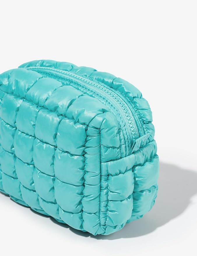 Yarnic Quilted Makeup Bag Puffy Cosmetic Bag, Quilt Travel Toiletry Bag Puffer for Women, Cute Makeup Bag Organizer Soft Makeup Pouch (Turquoise, S)