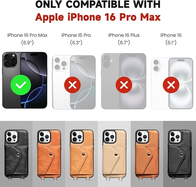 LUCKYCOIN Crossbody Wallet Phone Case for iPhone 16 Pro Max,100% Genuine Leather Wallet Phone Case with Expandable Flip Card Holder,Phone Purse for Women with Adjustable Removable Strap - Pebble Black
