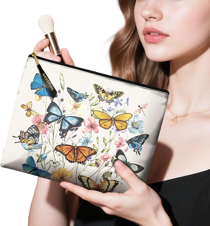 Cute Makeup Bag for Purse Waterproof Cosmetic Bags for Women Funny Smooth Zipper Travel Toiletry Pouch 10X8 Inches-Butterfly Wildflower Makeup pouch