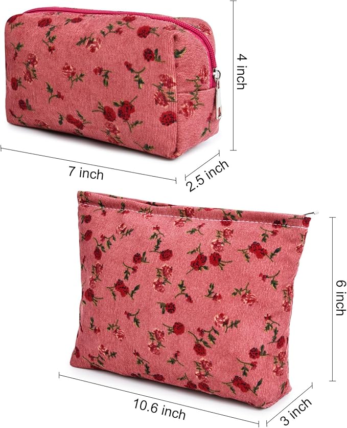SOIDRAM 2 Pieces Rose Makeup Bag Large Cosmetic Bag Capacity Canvas Mix Travel Toiletry Bag Organizer Cute Makeup Brushes Aesthetic Accessories Storage Bag for Women, Rose Mix Green Red