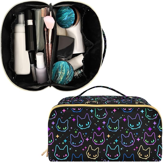 Makeup Organizer Bag, Colorful Neon Cat Heads Travel Makeup Bags Makeup Vanity Case Large Capacity Rhombus Cosmetic Toiletry Bag for Girl Women Ladies