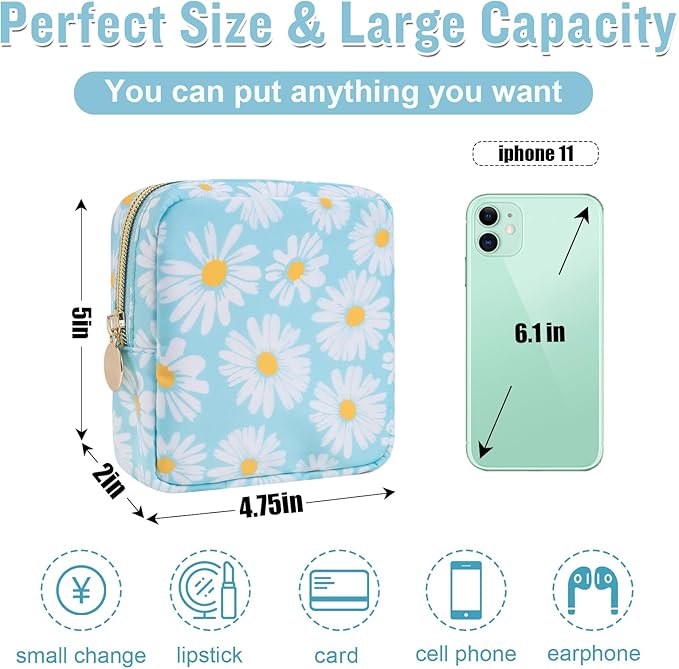 Nylon Mini Floral Makeup Bag for Purse, Small Cute Travel Makeup Bag Preppy Flower Cosmetic Zipper Pouch, Waterproof Coin Pouch Sanitary Napkin Storage Bag Make Up Organizer Set for Women(Blue-Daisy)