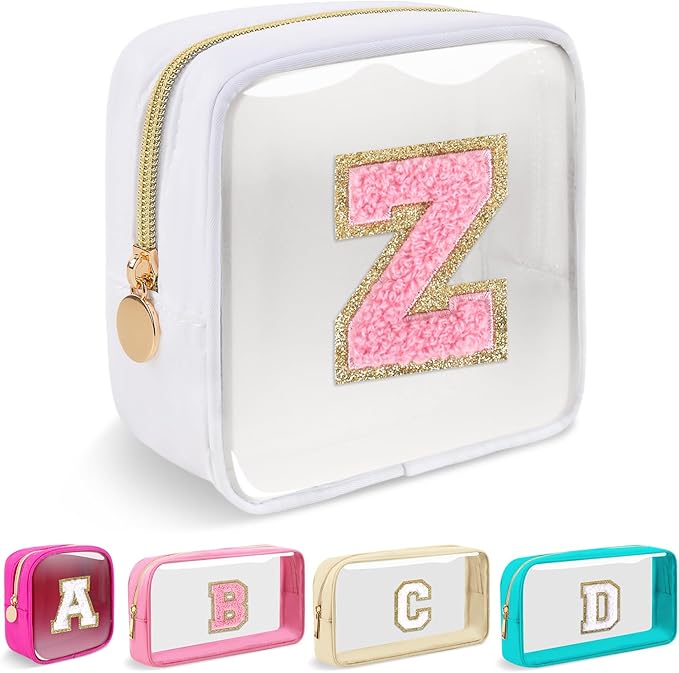 Iqimott Mini Clear Personalized Initial Makeup Bag, Small Preppy A-Z Chenille Letter Patch Cosmetic Pouch, Transparent PVC & Nylon Waterproof Zip Beach Toiletry Bag,Gift for Women Girls(White-Pink Z)