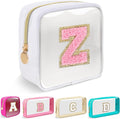 Iqimott Mini Clear Personalized Initial Makeup Bag, Small Preppy A-Z Chenille Letter Patch Cosmetic Pouch, Transparent PVC & Nylon Waterproof Zip Beach Toiletry Bag,Gift for Women Girls(White-Pink Z)