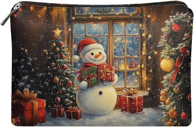 COEQINE Leather Zipper Pouch for Women Travel Snowman Kawaii Makeup Bag Travel Cosmetic Bags Soft Waterproof Large Capacity Toiletry Bag for Womens Mom Christmas Gifts