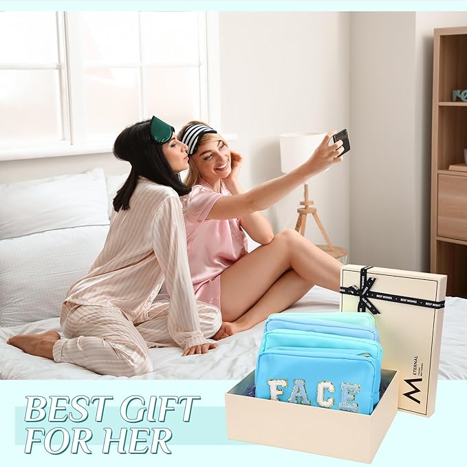 Remerry 4 PCS Nylon Cosmetic Bags Waterproof Spacious Travel Makeup Organizer for Women Chenille Letter Preppy Zipper Pouch Face Stuff Skin Hair Organizer Gift(Blue Green Colors)