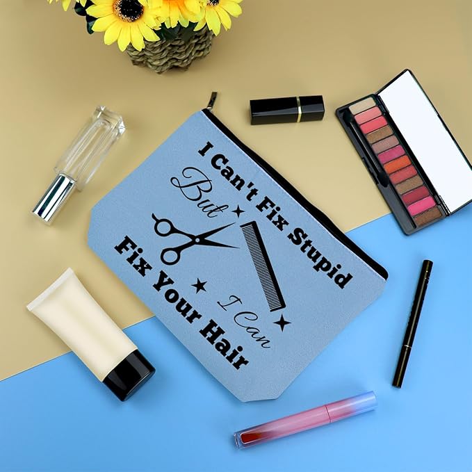Hairdresser Gifts Hair Stylist Makeup Bag Hairstylist Present Cosmetic Bags Funny Hair Dresser Gift Christmas Graduation Birthday Present for Hairdresser Barber Salon Blue Cosmetic Pouch Makeup Case