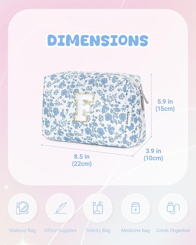 Narwey Birthday Gifts for Teen Girls Kids Women Personalized Initial Floral Makeup Bag Cute Cosmetic Trendy Stuff 6 8 10 11 12 13 14 16 18 Years Old Travel Toiletry Bag (Little Blue Flower F)