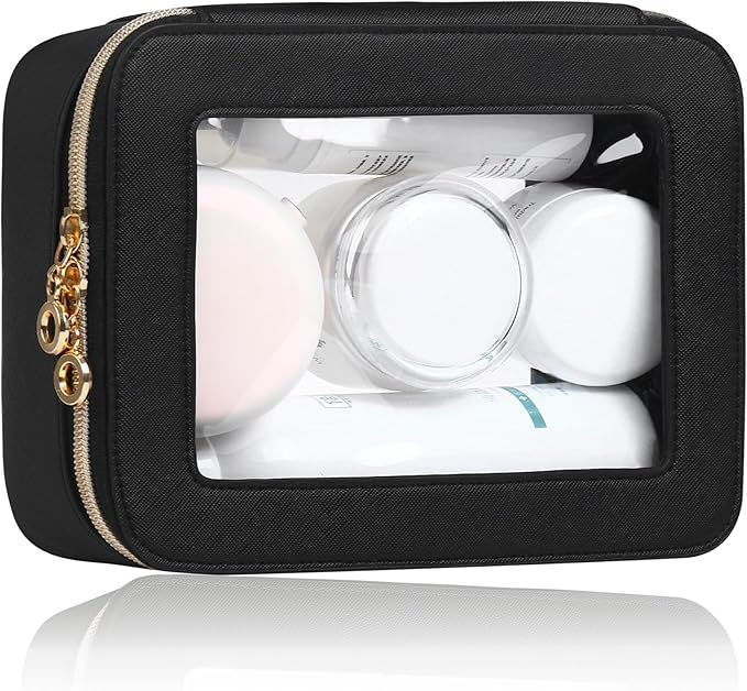 Clear Makeup Bags Case with Zipper, Heavy Duty Travel Cosmetic Case Toiletry Bag for Traveling, Tsa Approved Transparent Make Up Storage Bags, Portable Car Organizer Bag (Black,M)